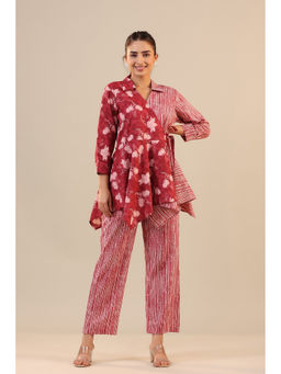 Jisora - Women's Red Printed Cotton Co-Ord Set