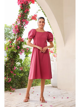 Jisora - Women's Pink Solid Cotton Flex Dress