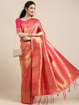 Akhilam - Pink Festive Silk Blend Woven Design Saree With Unstitched Blouse