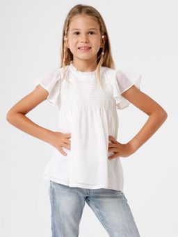 Kate & Oscar - Girls White Solid Top with Ruffled Neck