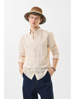 Snitch - Men Beige Solid Full Sleeves Slim Casual Shirt