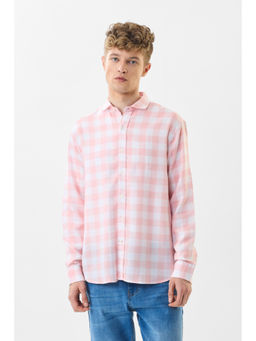 Snitch - Men Peach Checks Full Sleeves Regular Casual Shirt