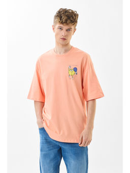 Snitch - Men Peach Graphic Half Sleeves Oversized Casual T-Shirt