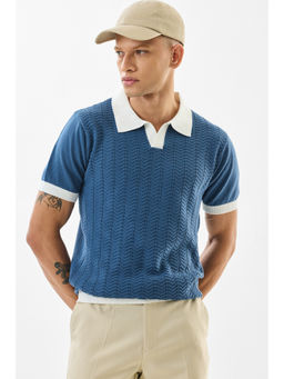 Snitch - Men Blue Textured Half Sleeves Slim Polo T-Shirt