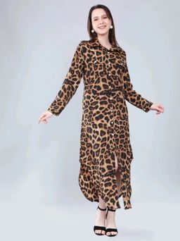 ANNY - Brown Animal Print Shirt Midi Dress