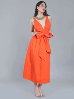 ANNY - Orange Solid A-Line Midi Dress
