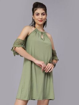 ANNY - Green Solid A-Line Mini Dress