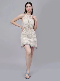 ANNY - Beige Self Design A-Line Mini Dress