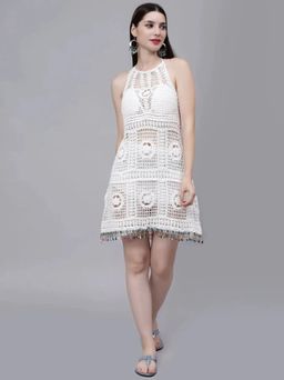 ANNY - White Self Design A-Line Mini Dress