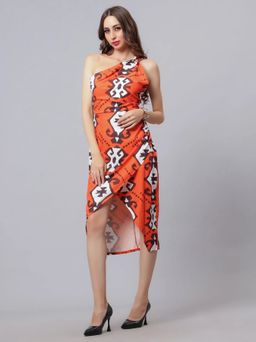ANNY - Orange Printed A-Line Midi Dress
