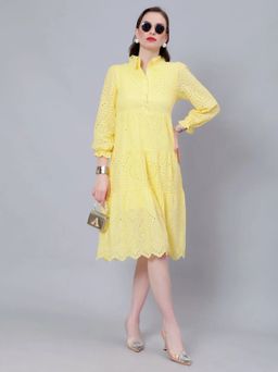 ANNY - Yellow Self Design A-Line Midi Dress