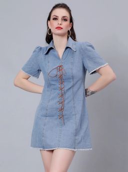 ANNY - Blue Solid A-Line Mini Dress