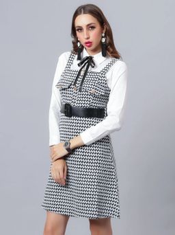ANNY - Black Printed A-Line Mini Dress with Belt