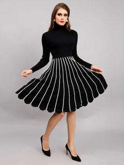 ANNY - Black Self Design A-Line Knee Length Dress