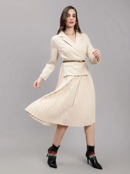 ANNY - Off White Solid A-Line Midi Dress with Belt