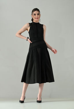 ANNY - Black Self Design A-Line Midi Dress