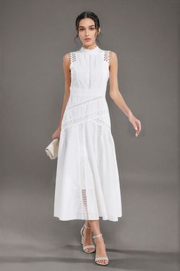 ANNY - White Self Design A-Line Midi Dress