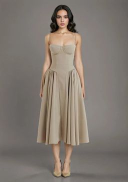 ANNY - Beige Solid Flared Midi Dress