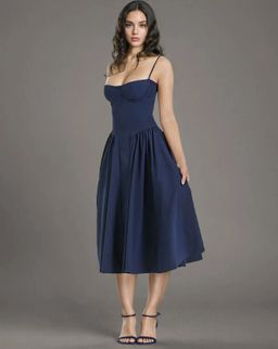 ANNY - Navy Blue Solid Flared Midi Dress