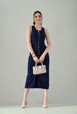 ANNY - Navy Blue Solid A-Line Midi Dress