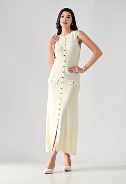 ANNY - Off White Solid A-Line Midi Dress