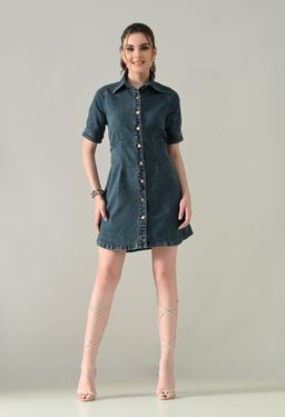 ANNY - Indigo Solid Shirt Mini Dress