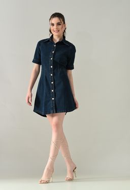 ANNY - Navy Blue Solid Shirt Mini Dress