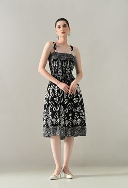 ANNY - Black Printed A-Line Midi Dress