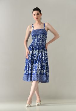 ANNY - Navy Blue Printed A-Line Midi Dress