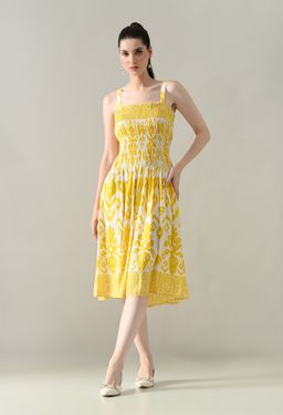 ANNY - Yellow Printed A-Line Midi Dress