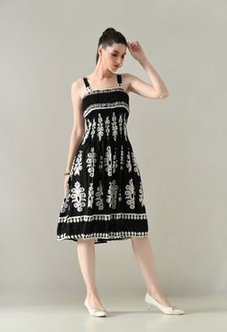 ANNY - Black Printed A-Line Knee Length Dress