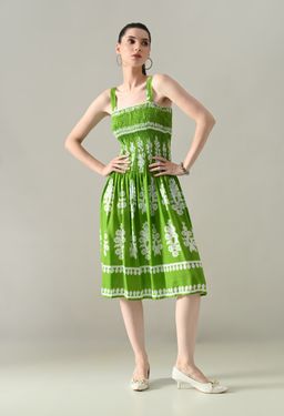 ANNY - Green Printed A-Line Knee Length Dress