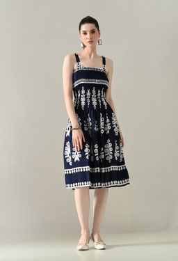 ANNY - Navy Blue Printed A-Line Knee Length Dress