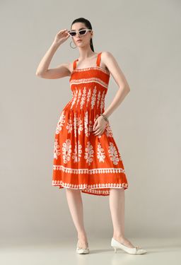ANNY - Orange Printed A-Line Knee Length Dress
