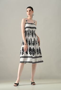 ANNY - White Printed A-Line Knee Length Dress