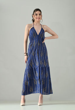 ANNY - Blue Printed Flared Maxi Dress
