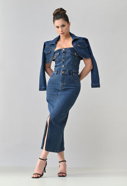 ANNY - Blue Solid Bodycon Midi Dress with Jacket