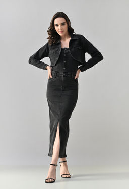 ANNY - Grey Solid Bodycon Midi Dress with Jacket