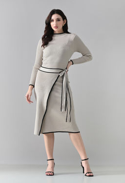 ANNY - Grey Self Design Wrap Midi Dress
