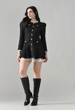 ANNY - Black Self Design A-Line Mini Dress