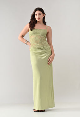ANNY - Green Self Design A-Line Maxi Dress