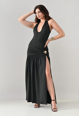 ANNY - Black Solid A-Line Maxi Dress