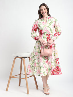 R&B - White Floral A-Line Midi Dress