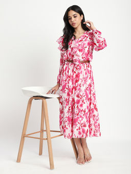 R&B - Pink Floral A-Line Midi Dress