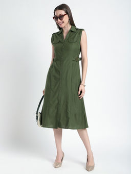 R&B - Green Solid Shirt Midi Dress