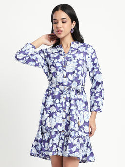R&B - Blue Floral A-Line Knee Length Dress