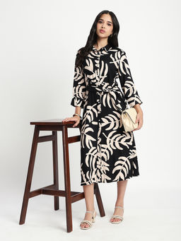 R&B - Black Floral Shirt Midi Dress