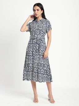R&B - Navy Blue Printed A-Line Midi Dress