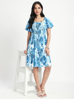 R&B - Blue Floral A-Line Knee Length Dress