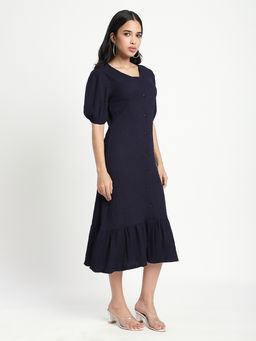 R&B - Navy Blue Solid A-Line Midi Dress